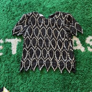 Laurence Kazar New York Sequin Beaded Leaf Pattern Top - Party Cocktail Blouse